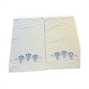 Vintage Blue Cross Stitch Pillowcases Set of 2 White Cotton Embroidered Folk Art